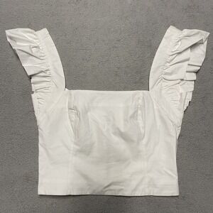 Cara Cara Crop Top XS White Square Neck Ruffle Sleeve Zip Back Cotton